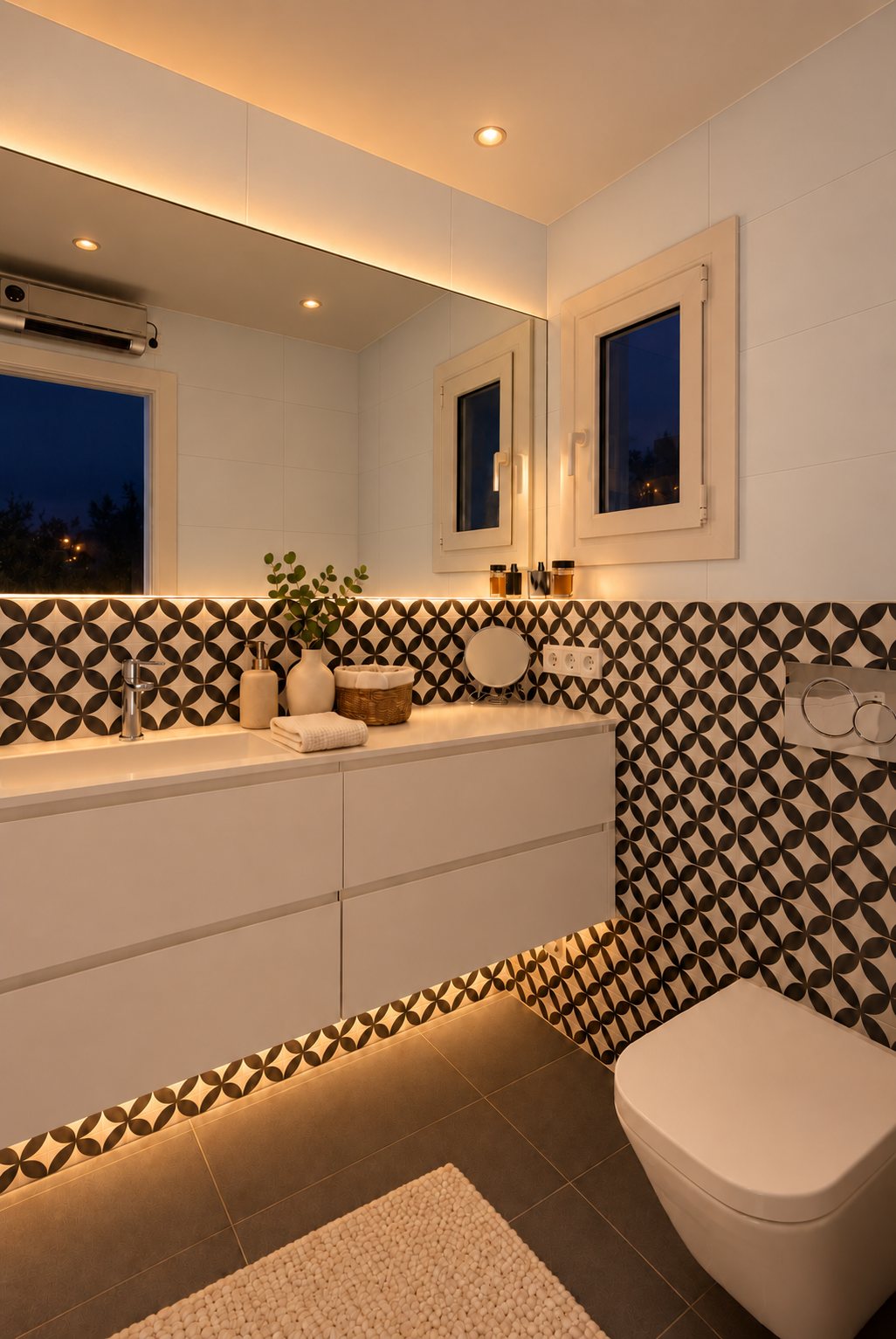 Baño con hidráulico geométrico y mueble blanco