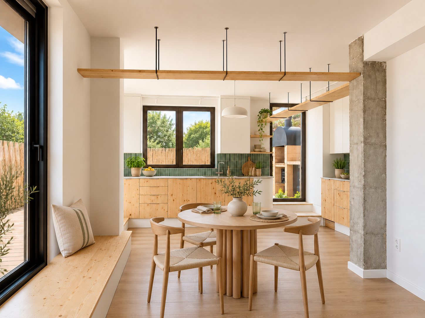 Cocina y comedor con perfil de pino suspendido, azulejo verde y pilar de hormigón visto