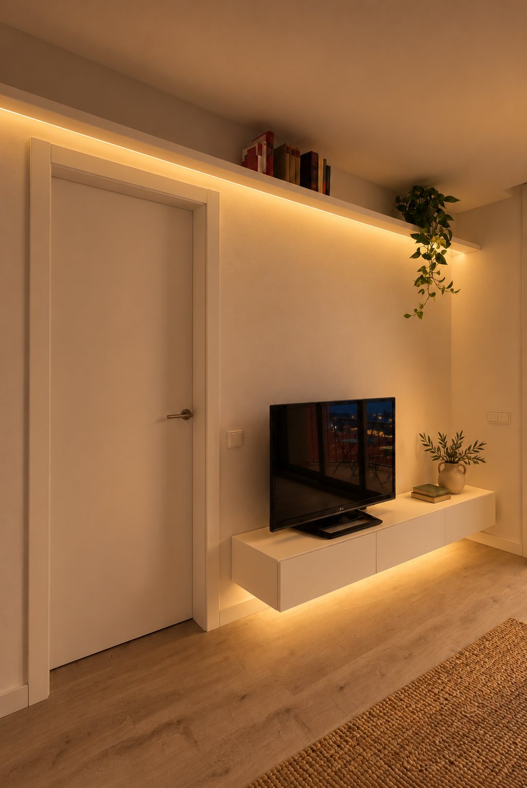 Mueble de salón volado con luz indirecta