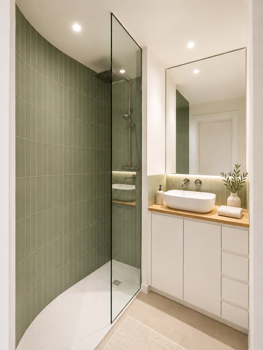 Baño con ducha curva de azulejo verde y lavabo sobre encimera de pino
