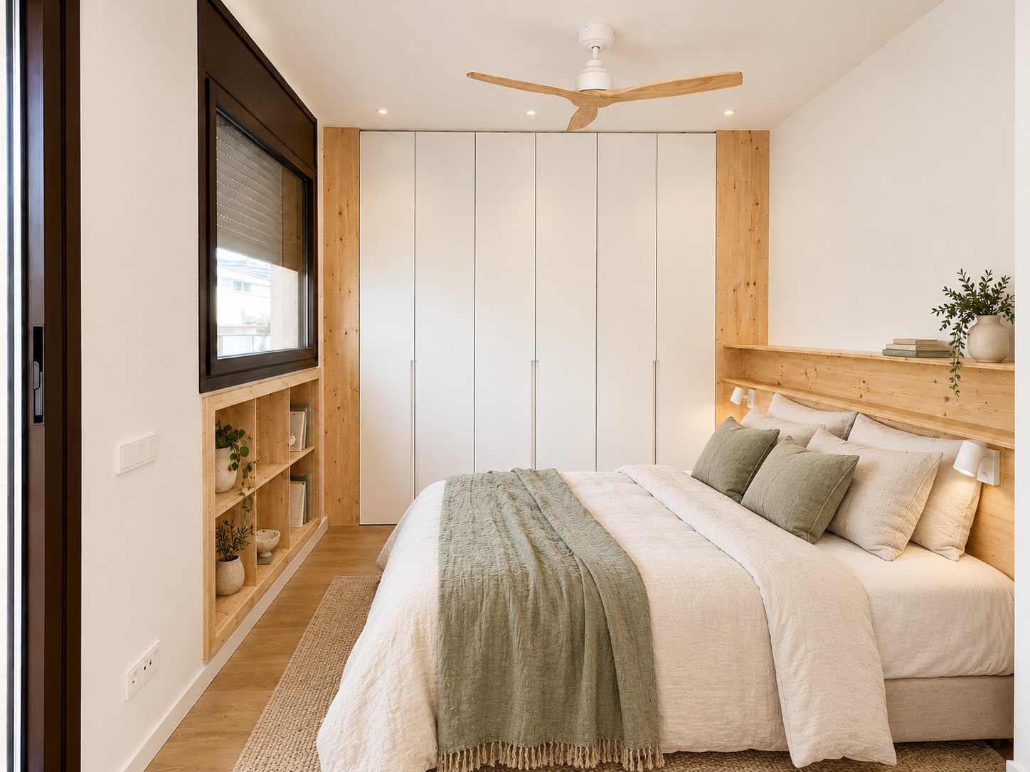 Dormitorio con armario blanco y estantería de pino