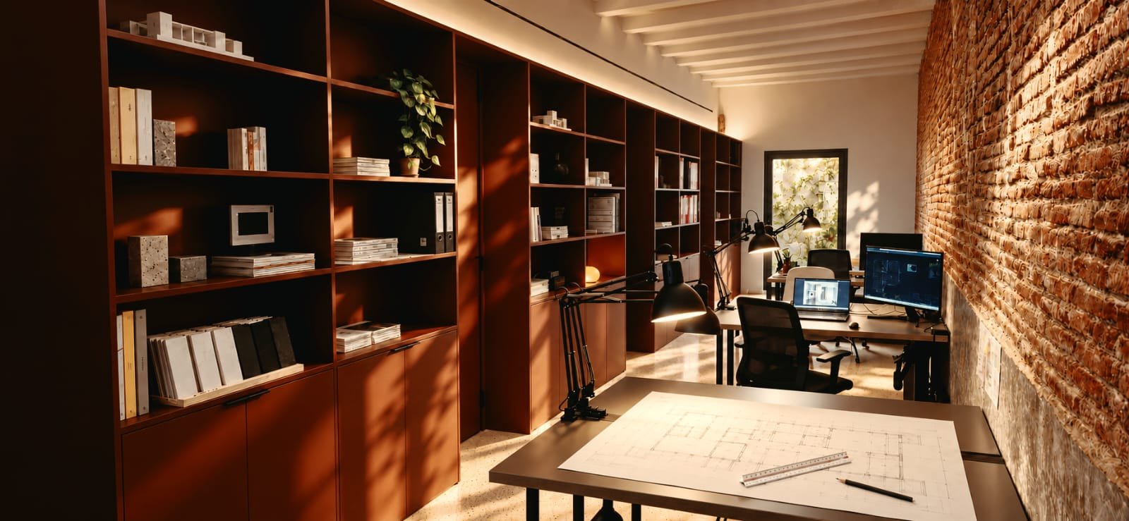 Estudio de Espai Home: estanterías de madera, mesas de trabajo con planos y muro de ladrillo visto